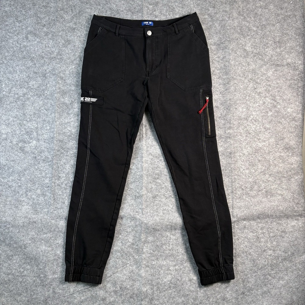 CODE 22 Joggers Men's Size 32 Black Pants White Stitching Athleisure‎ Comfort